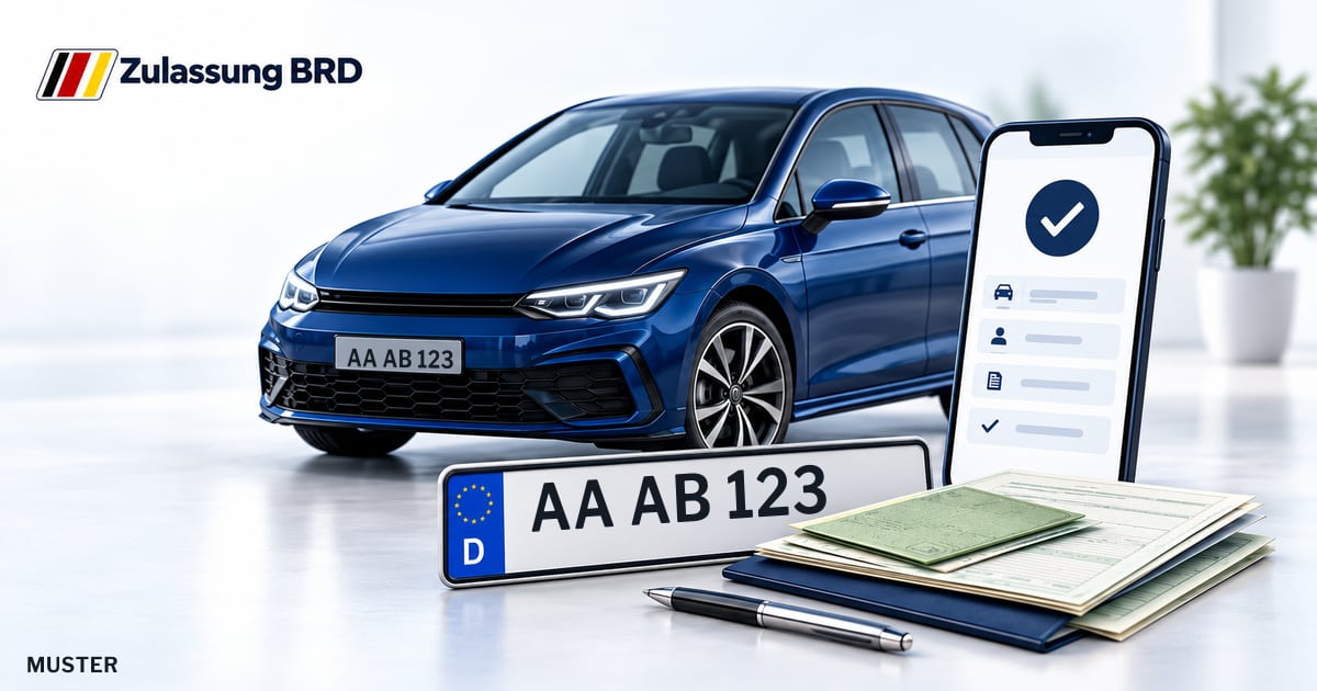 Online Fahrzeugzulassung in Heubach: Musterkennzeichen AA AB 123, Auto und Fahrzeugpapiere und Smartphone. Illustration mit Logo von Zulassung BRD.